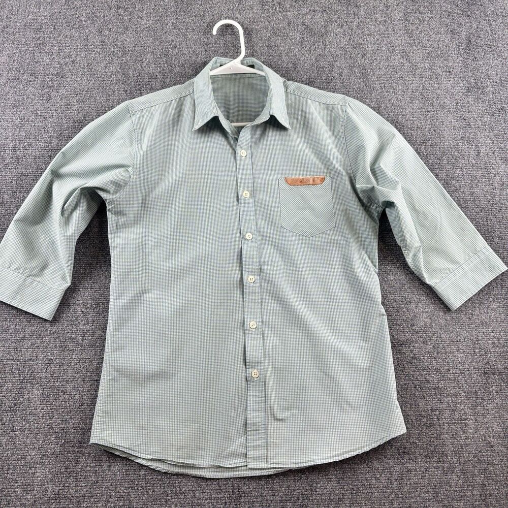 EDITOR Shirt Mens L Slim Fit Blue Green Check 3/4 Sleeve Leather Pocket Korean